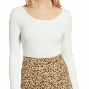 Socialite Lace Trim Bodysuit Top‎ Size L Long Sleeve Ribbed Ivory NWT 5547